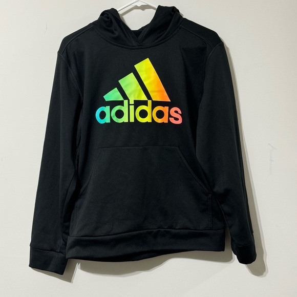 Adidas Hoodie Youth 14/16 LARGE Sweatshirt pullover Black Logo colorful - Picture 1 of 5